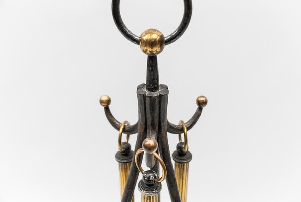 Hand Forged Iron and Brass Tripod Stand with Fireplace Tools, Austria, 1950s, Set of 4-KQB-1768397