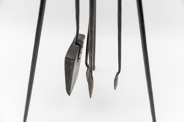 Hand Forged Iron and Brass Tripod Stand with Fireplace Tools, Austria, 1950s, Set of 4-KQB-1768397