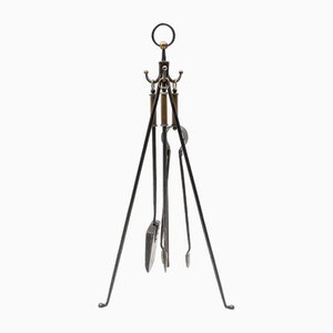 Hand Forged Iron and Brass Tripod Stand with Fireplace Tools, Austria, 1950s, Set of 4-KQB-1768397