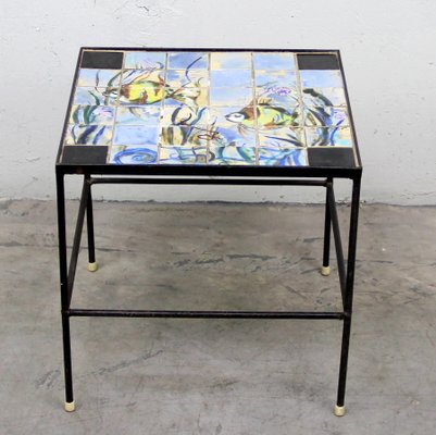 Hand-painted Ceramic & Iron Side Table, 1950s-NE-875555