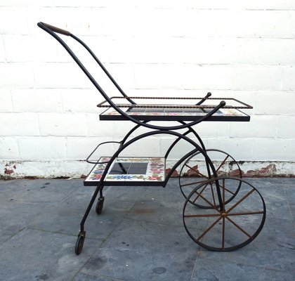 Hand Painted Ceramic Tiles and Wrought Iron Bar Cart Trolley by N. Teplow, 1950s-AWL-1703772