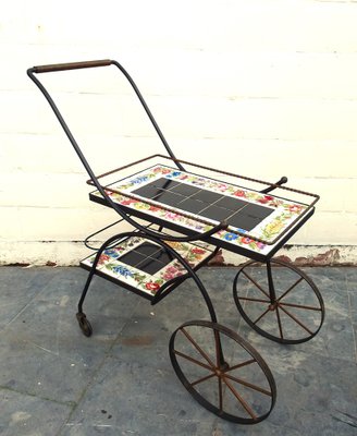 Hand Painted Ceramic Tiles and Wrought Iron Bar Cart Trolley by N. Teplow, 1950s-AWL-1703772