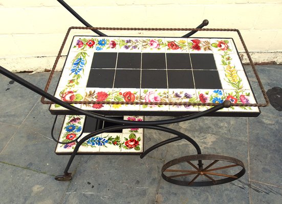 Hand Painted Ceramic Tiles and Wrought Iron Bar Cart Trolley by N. Teplow, 1950s-AWL-1703772