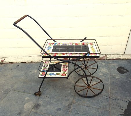 Hand Painted Ceramic Tiles and Wrought Iron Bar Cart Trolley by N. Teplow, 1950s-AWL-1703772