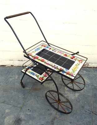 Hand Painted Ceramic Tiles and Wrought Iron Bar Cart Trolley by N. Teplow, 1950s-AWL-1703772