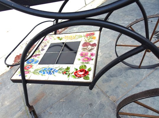 Hand Painted Ceramic Tiles and Wrought Iron Bar Cart Trolley by N. Teplow, 1950s-AWL-1703772