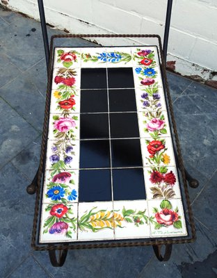 Hand Painted Ceramic Tiles and Wrought Iron Bar Cart Trolley by N. Teplow, 1950s-AWL-1703772