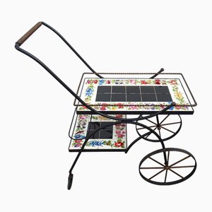 Hand Painted Ceramic Tiles and Wrought Iron Bar Cart Trolley by N. Teplow, 1950s-AWL-1703772