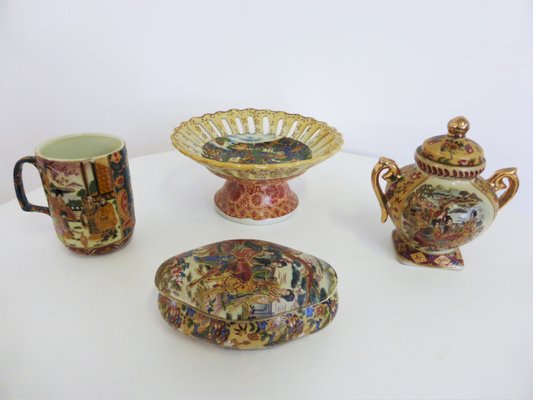 Hand-Painted Satsuma Pottery Set, 1950s, Set of 4-KNM-946490