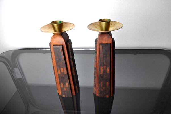 Handcrafted David Candlesticks in Olive Wood, Israel, 1960s, Set of 2-EJE-1373503