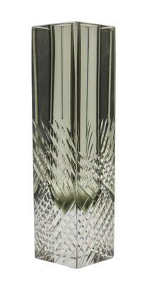 Handcut Murano Glass Block Vase in Smokey Anthracite with Diagonal Lines by Flavio Poli-MJY-1149010