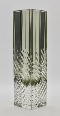 Handcut Murano Glass Block Vase in Smokey Anthracite with Diagonal Lines by Flavio Poli-MJY-1149010