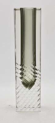 Handcut Murano Glass Block Vase in Smokey Anthracite with Diagonal Lines by Flavio Poli-MJY-1149010