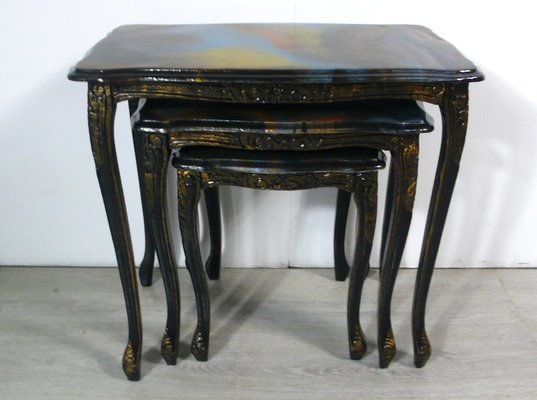 Handmade Chippendale Style Black & Colored Epoxy Resin Nesting Tables, 1940s, Set of 3-HIZ-1262805