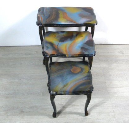 Handmade Chippendale Style Black & Colored Epoxy Resin Nesting Tables, 1940s, Set of 3-HIZ-1262805