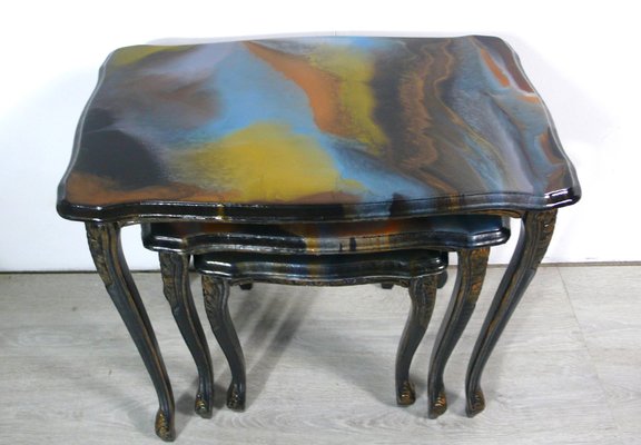 Handmade Chippendale Style Black & Colored Epoxy Resin Nesting Tables, 1940s, Set of 3-HIZ-1262805