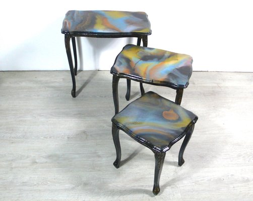 Handmade Chippendale Style Black & Colored Epoxy Resin Nesting Tables, 1940s, Set of 3-HIZ-1262805