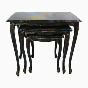 Handmade Chippendale Style Black & Colored Epoxy Resin Nesting Tables, 1940s, Set of 3-HIZ-1262805