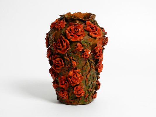 Handmade Clay Vase with Red Roses by Rosie Fridrin Rieger, 1918-RR-1363788