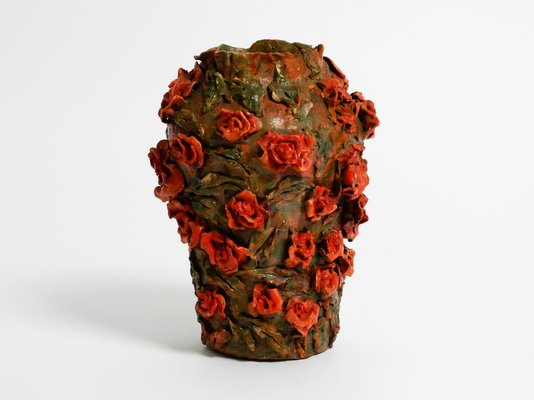 Handmade Clay Vase with Red Roses by Rosie Fridrin Rieger, 1918-RR-1363788