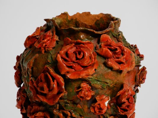 Handmade Clay Vase with Red Roses by Rosie Fridrin Rieger, 1918-RR-1363788