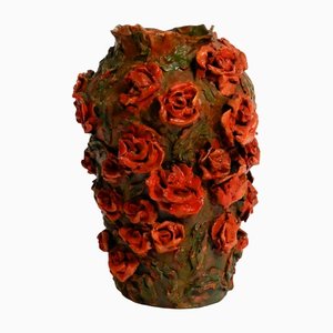 Handmade Clay Vase with Red Roses by Rosie Fridrin Rieger, 1918-RR-1363788