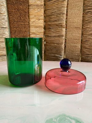 Handmade Green, Pink and Blue Glass Lidded Jar by Erik Höglund for Nordiska Kompaniet, 1992-RUK-2042720