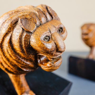 Handmade Wooden Lion Bookends, 1920s, Set of 2-YGX-747273