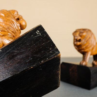 Handmade Wooden Lion Bookends, 1920s, Set of 2-YGX-747273