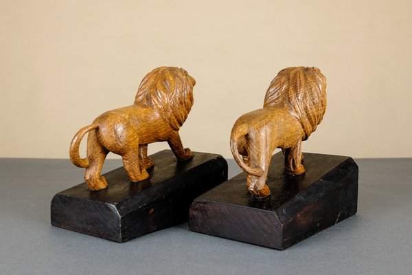 Handmade Wooden Lion Bookends, 1920s, Set of 2-YGX-747273