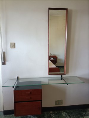 Hanging Console with Mirror & Glass Top Drawers, 1960s, Set of 2-OHK-1738919