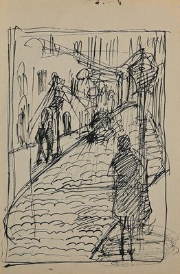 Helen Vogt, Street with Figures, Original Pencil and Ink, 1929-ZCI-893184