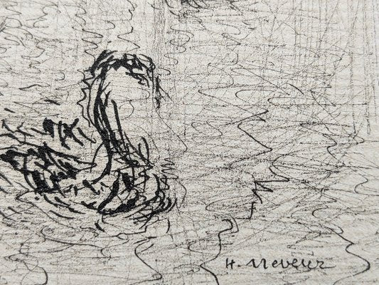 Helène Neveur, Swans on Lake, Original Hand-Signed Drawing in China Ink, Mid-20th Century-NRC-1750328