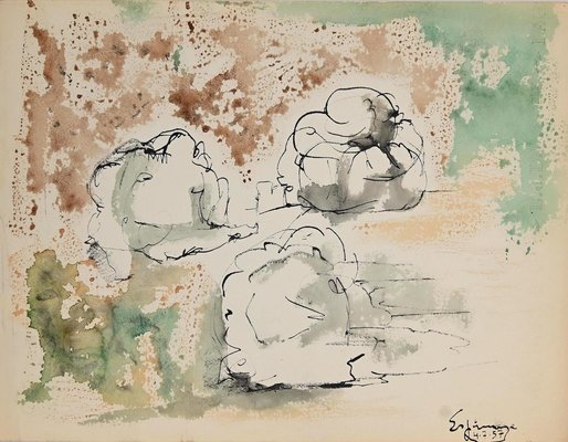 Henri Espinouze, Figures, Original Ink and Watercolor, 1957-ZCI-942553