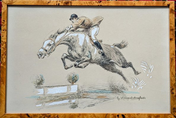 Henri Vincent-Anglade, The Long Jump, Gouache and Crayon on Paper, Framed-NRC-1766127