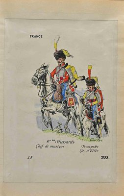 Herbert Knotel, 9e Bis Hussards, Ink & Watercolor Drawing, 1940s-ZCI-1310282