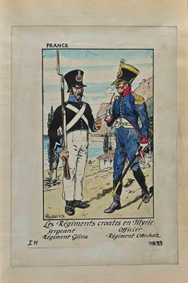 Herbert Knotel, Croatian Regiments in Illyria, Ink & Watercolor Drawing, 1940s-ZCI-1310285