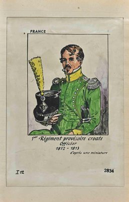 Herbert Knotel, Regiment Provisoire Croate Officier, Original Ink & Watercolor Drawing, 1940s-ZCI-1310286