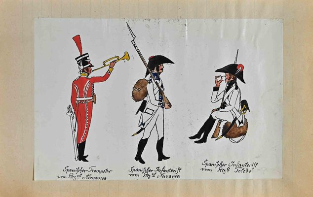 Herbert Knotel, Spanish Soldiers, Original Ink & Watercolor Drawing, 1940s-ZCI-1310295