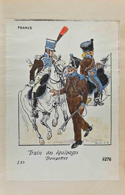 Herbert Knotel, Train Des Equipages Trompettes (French Army), Ink & Watercolor Drawing, 1940s-ZCI-1310297