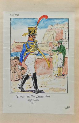 Herbert Knotel, Treno della Guardia Ufficiale 1811, Original Ink & Watercolor Drawing, 1940s-ZCI-1310292