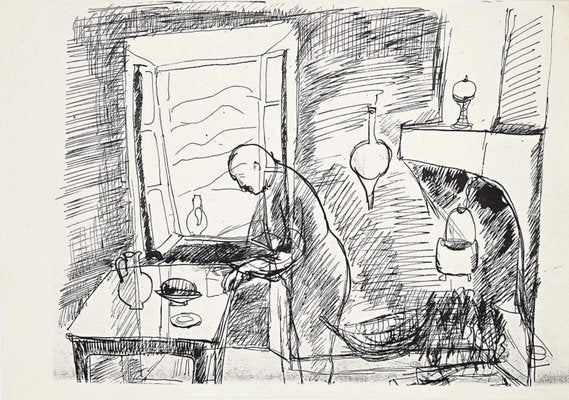 Herta Hausmann, In the Kitchen, Black Pen Drawing, Mid-20th Century-ZCI-871689