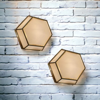 Hexagonal Brass Glass Sconces, 1980s, Set of 2-JJC-1764544