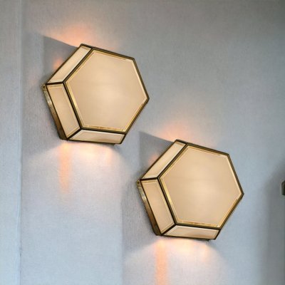 Hexagonal Brass Glass Sconces, 1980s, Set of 2-JJC-1764544