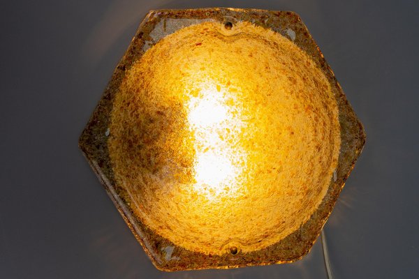 Hexagonal Flush Mount in Amber Ice Glass, 1970s-KEG-1770738