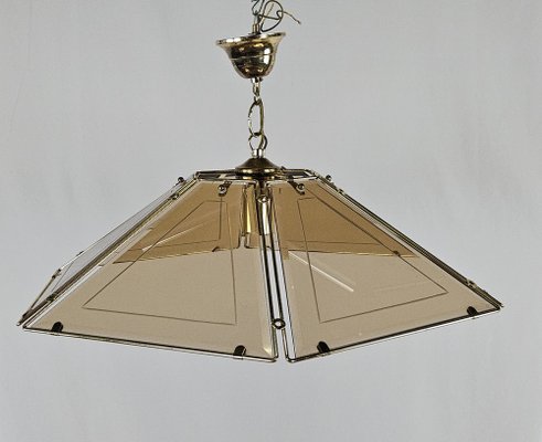 Hexagonal Hanging Light in Brass and Smoke Glass, 1970s-ZUW-1782733