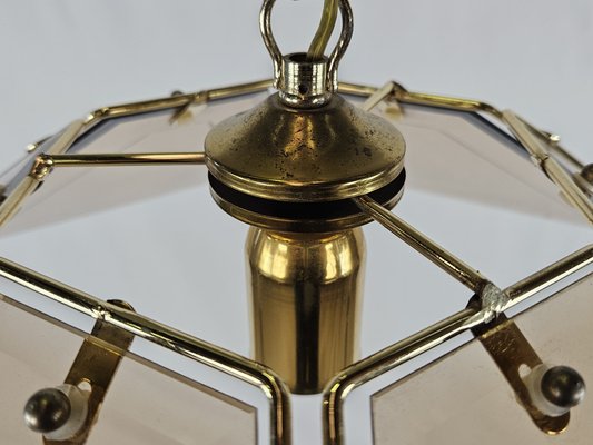 Hexagonal Hanging Light in Brass and Smoke Glass, 1970s-ZUW-1782733