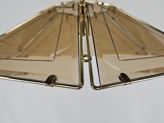 Hexagonal Hanging Light in Brass and Smoke Glass, 1970s-ZUW-1782733