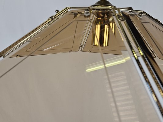 Hexagonal Hanging Light in Brass and Smoke Glass, 1970s-ZUW-1782733