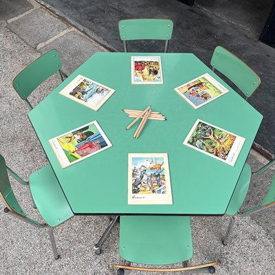 Hexagonal Nursery Table with Formica Chairs, Italy, 1960s, Set of 7-BVG-1745417